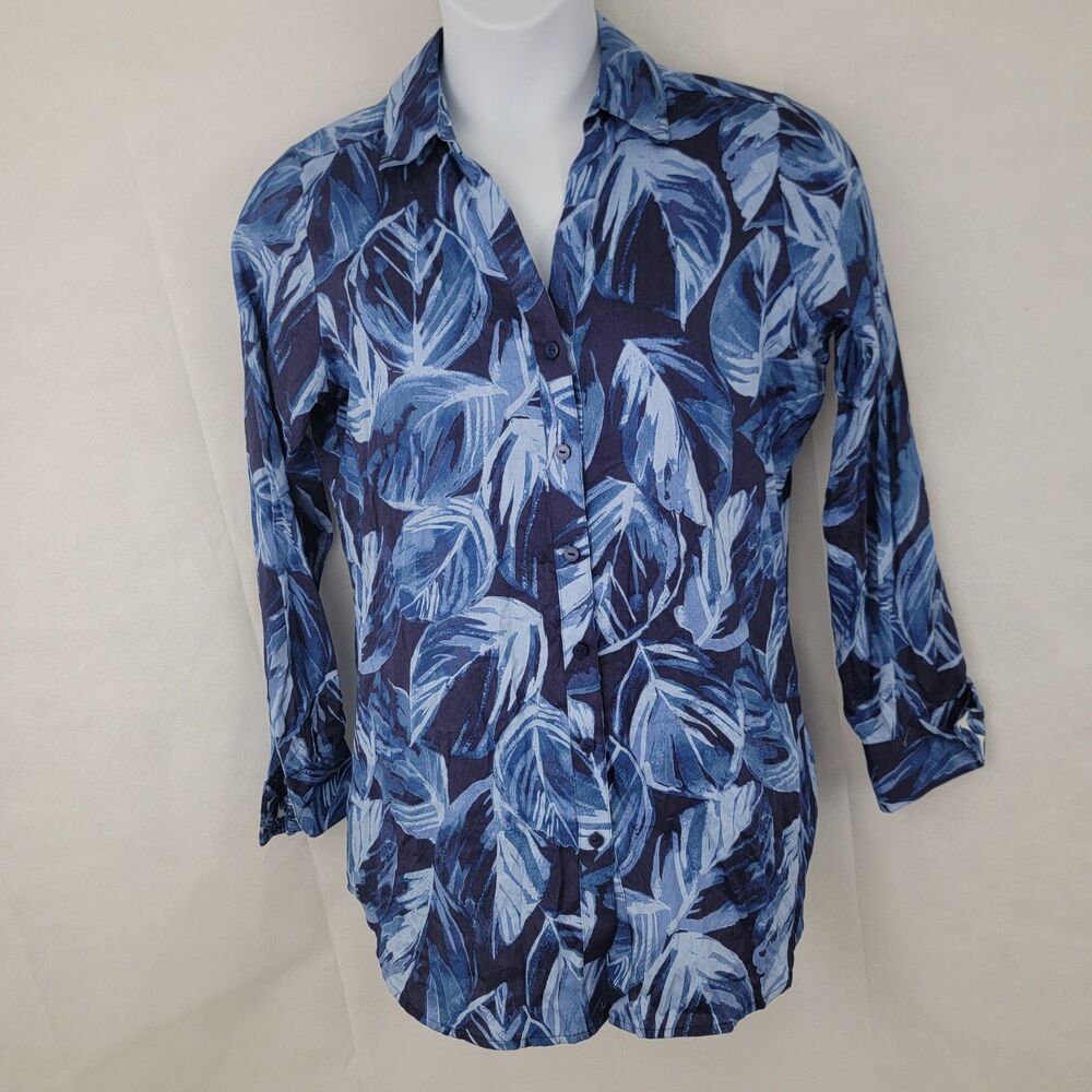 FOXCROFT Womens Button Down Shirt Sz 10 Shaped Wrinkle Free BLUE Leaves Career